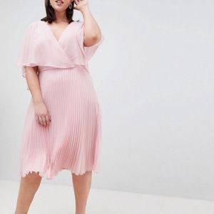 ASOS Curve Pink Midi Dress Pleated Flutter Sleeve